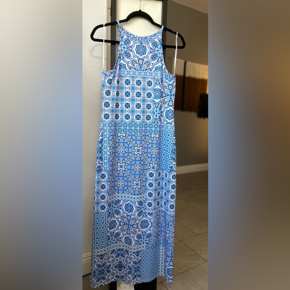 TIANA B Blue White Purple Print Resort Maxi Halter Women's Dress Sleeveless - Picture 5 of 10